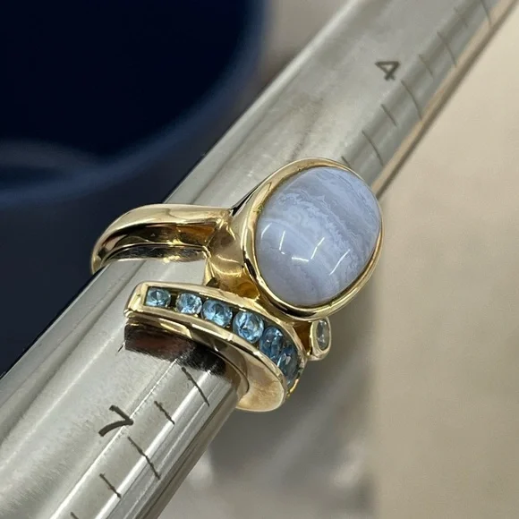Vintage Estate Ring 925 Gold with Blue Chalcedony and Accent Stones - Picture 10 of 15